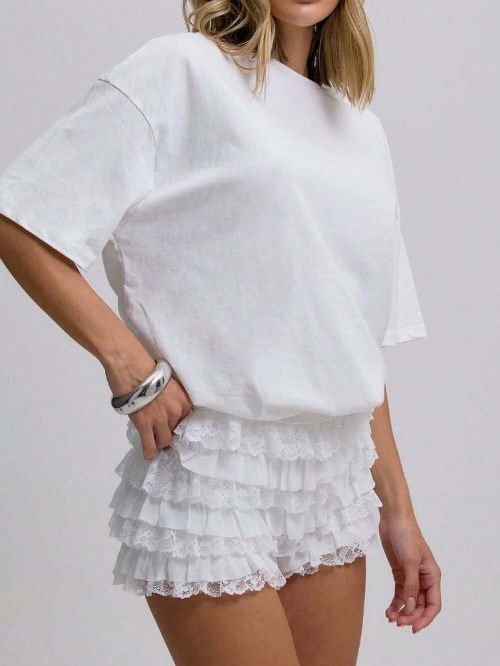White Casual Women's Lace Trim Frilly Ruffled Mesh Micro Shorts - Picture 4 of 6